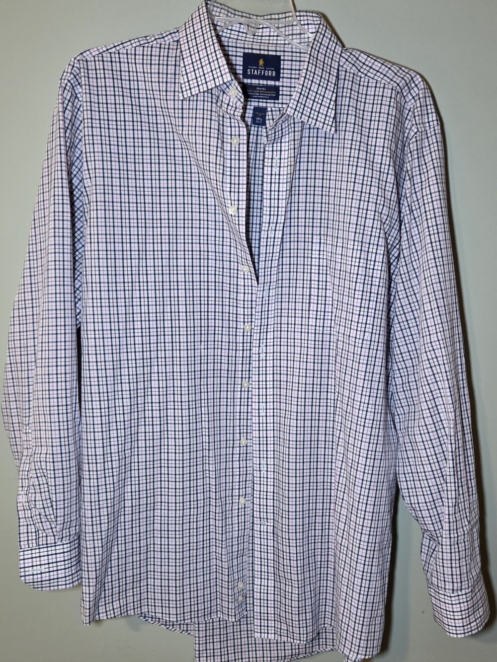 Stafford Mens Dress Shirt 17 1/2 36-37 Regular Fit Plaid Easy Care Long Sleeve